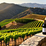"A captivating panoramic view of the Troodos Mountains in Cyprus, showcasing ancient terraced vineyards on steep, volcanic slopes. Close-up on indigenous Xynisteri and Maratheftiko grapevines, highlighting their resilience and unique character. Bottles of these Cypriot wines, displaying their distinct colors, are placed on a rustic stone wall overlooking the picturesque landscape. Golden hour sunlight bathes the scene, emphasizing the deep historical roots and authenticity of Cypriot winemaking."