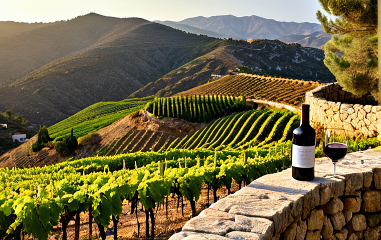 "A captivating panoramic view of the Troodos Mountains in Cyprus, showcasing ancient terraced vineyards on steep, volcanic slopes. Close-up on indigenous Xynisteri and Maratheftiko grapevines, highlighting their resilience and unique character. Bottles of these Cypriot wines, displaying their distinct colors, are placed on a rustic stone wall overlooking the picturesque landscape. Golden hour sunlight bathes the scene, emphasizing the deep historical roots and authenticity of Cypriot winemaking."