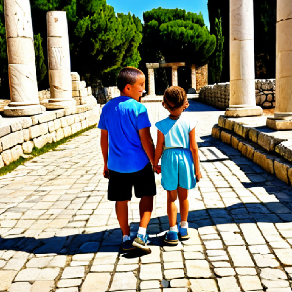 A family of four, consisting of a father, mother, and two children (approximately 8 and 10 years old), exploring ancient Roman ruins in Cyprus. They are observing vibrant, detailed floor mosaics and majestic stone columns under a clear, sunny sky. All individuals are fully clothed in modest, appropriate attire for warm weather, such as light shirts, shorts, and comfortable shoes. The scene captures their expressions of curiosity and wonder, highlighting the historical setting with natural light. Professional photography, high resolution, realistic, perfect anatomy, correct proportions, natural pose, well-formed hands, proper finger count, natural body proportions, safe for work, appropriate content, family-friendly.