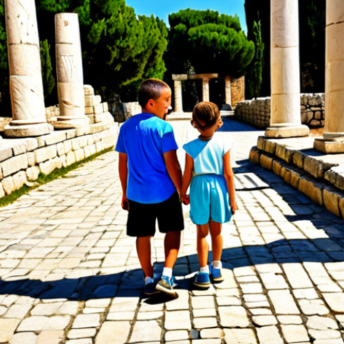 A family of four, consisting of a father, mother, and two children (approximately 8 and 10 years old), exploring ancient Roman ruins in Cyprus. They are observing vibrant, detailed floor mosaics and majestic stone columns under a clear, sunny sky. All individuals are fully clothed in modest, appropriate attire for warm weather, such as light shirts, shorts, and comfortable shoes. The scene captures their expressions of curiosity and wonder, highlighting the historical setting with natural light. Professional photography, high resolution, realistic, perfect anatomy, correct proportions, natural pose, well-formed hands, proper finger count, natural body proportions, safe for work, appropriate content, family-friendly.