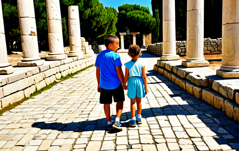 A family of four, consisting of a father, mother, and two children (approximately 8 and 10 years old), exploring ancient Roman ruins in Cyprus. They are observing vibrant, detailed floor mosaics and majestic stone columns under a clear, sunny sky. All individuals are fully clothed in modest, appropriate attire for warm weather, such as light shirts, shorts, and comfortable shoes. The scene captures their expressions of curiosity and wonder, highlighting the historical setting with natural light. Professional photography, high resolution, realistic, perfect anatomy, correct proportions, natural pose, well-formed hands, proper finger count, natural body proportions, safe for work, appropriate content, family-friendly.