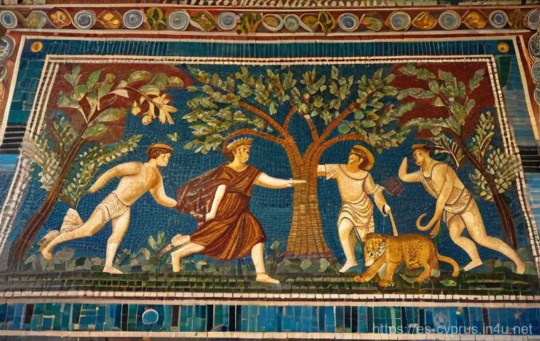 파포스 고고학 공원 - **Prompt 1: The House of Dionysus Mosaic**
    "A stunning, highly detailed image of a vibrant ancie...
