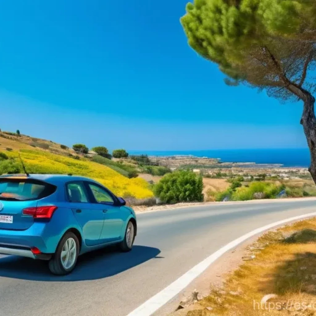 키프로스 관광지 할인 정보 - **Cyprus Scenic Coastal Drive:** A vibrant image of a small, economical rental car navigating a wind...