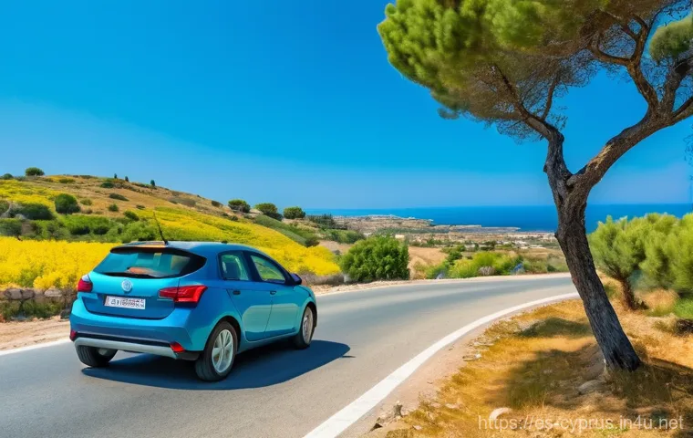 키프로스 관광지 할인 정보 - **Cyprus Scenic Coastal Drive:** A vibrant image of a small, economical rental car navigating a wind...