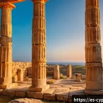 키프로스 유적지 사진 촬영 팁 - A warm golden hour scene at an ancient archaeological site in Cyprus, featuring weathered stone colu...