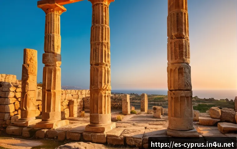 키프로스 유적지 사진 촬영 팁 - A warm golden hour scene at an ancient archaeological site in Cyprus, featuring weathered stone colu...