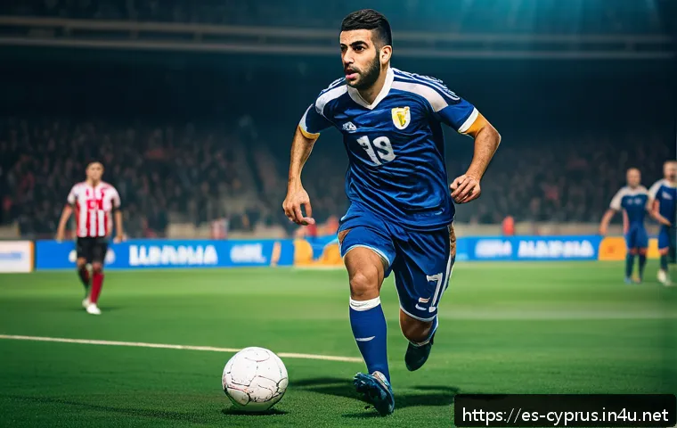 키프로스 출신 축구 선수 - A dynamic scene of a Cypriot male midfielder in his early 20s wearing a full football kit with socks...
