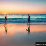 키프로스 신혼여행지 베스트 - A serene coastal scene at Nissi Beach, Ayia Napa, during sunset with a couple walking hand in hand a...
