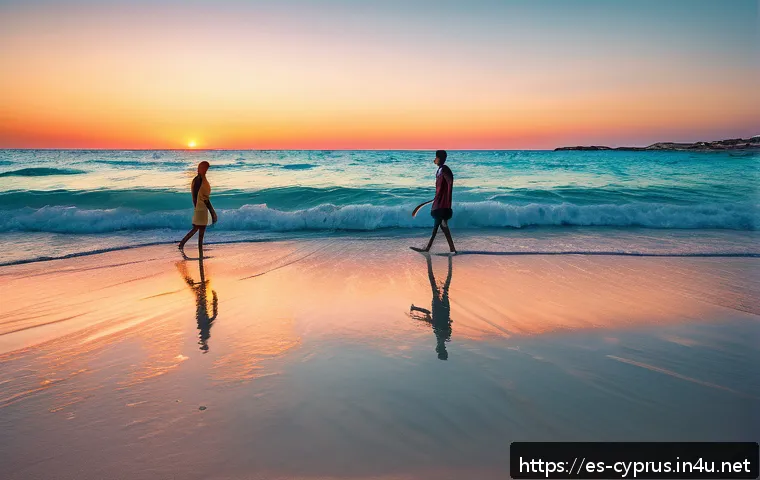 키프로스 신혼여행지 베스트 - A serene coastal scene at Nissi Beach, Ayia Napa, during sunset with a couple walking hand in hand a...